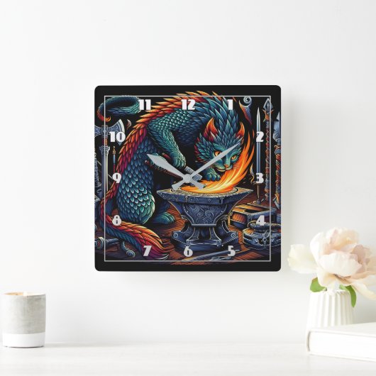 Crafting Flames: Cat Blacksmith aan het werk Vierkante Klok (Huis)