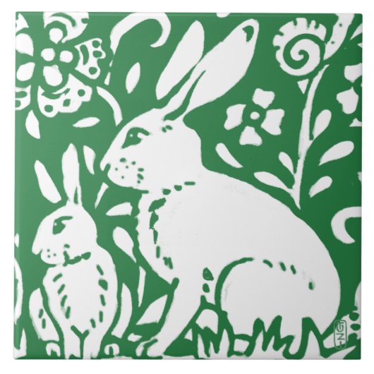 Craftsman Style Rabbit Bunny Emerald Green Floral Tegeltje (Voorkant)