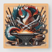 Crafty Cat Blacksmith in Kleurrijke Fantasy Worksh Vierkante Klok (Voorkant)