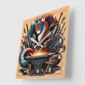 Crafty Cat Blacksmith in Kleurrijke Fantasy Worksh Vierkante Klok (Hoek)