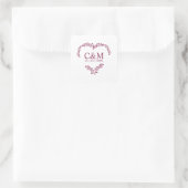 Cramberry Branches Heart with Initials Vierkante Sticker (Tas)