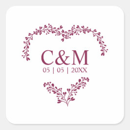 Cramberry Branches Heart with Initials Vierkante Sticker