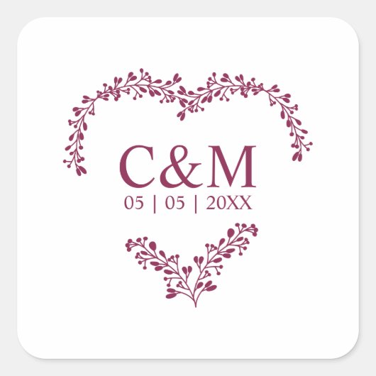 Cramberry Branches Heart with Initials Vierkante Sticker (Voorkant)