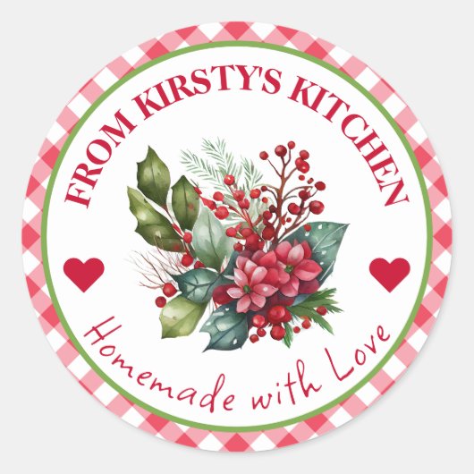 Cranberry Bloemenlabel met Gingham Rand Ronde Sticker (Voorkant)