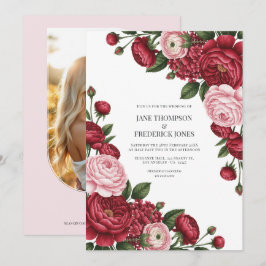 Cranberry & Blush Watercolor Floral Wedding Photo Kaart