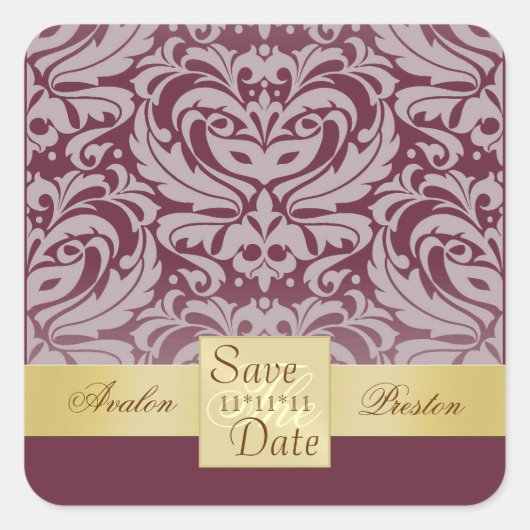 Cranberry Damask Gold Ribbon Save The Date Sticker (Voorkant)