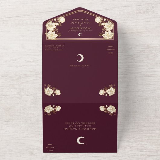 Cranberry Elegant Arch Art Nouveau Bruiloft All In One Uitnodiging (Buitenkant)