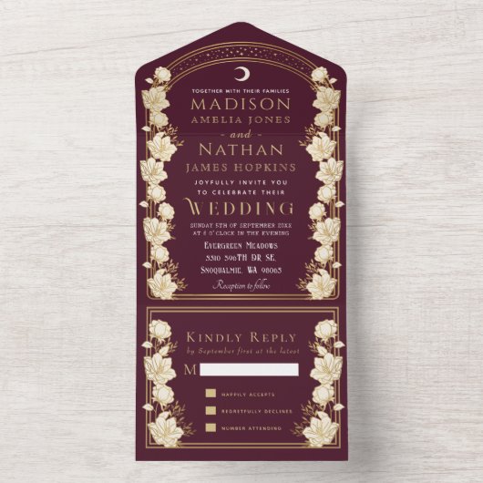Cranberry Elegant Arch Art Nouveau Bruiloft All In One Uitnodiging (Binnen)