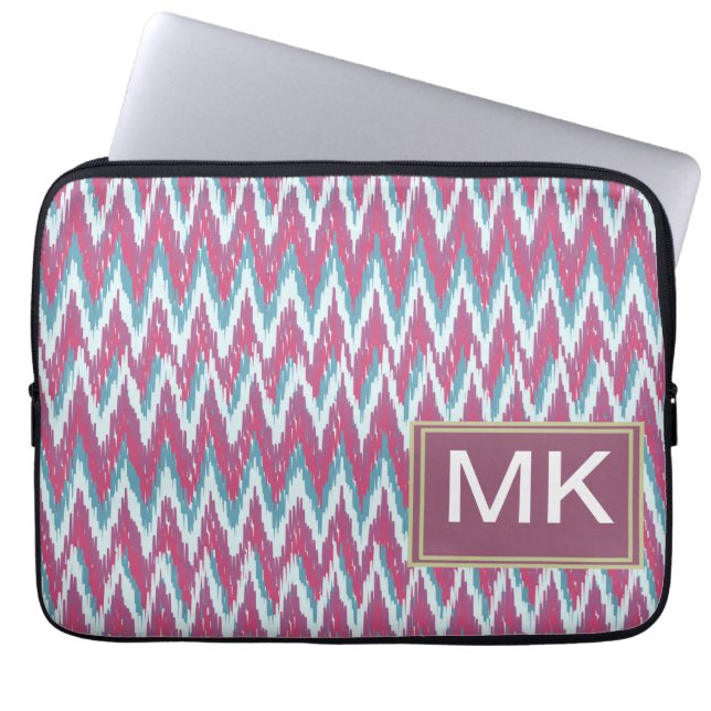 Cranberry en Blauwgroen iKat ZigZag Pattern Laptop Sleeve (Voorkant)