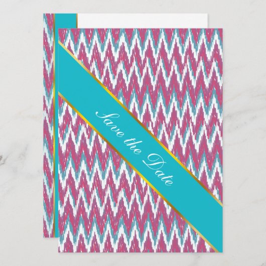 Cranberry en Blauwgroen iKat ZigZag Pattern Save The Date (Voorkant / Achterkant)