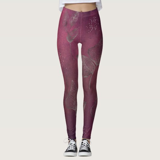 Cranberry en Faux Silver Leaves Leggings (Voorkant)