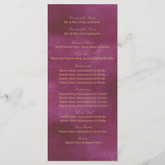 Cranberry en gouden Waterverf bruiloft Programmakaart (Achterkant)