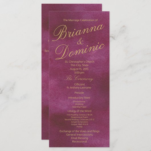 Cranberry en gouden Waterverf bruiloft Programmakaart (Voorkant / Achterkant)