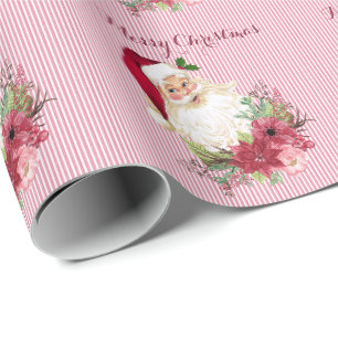 Cranberry Floral Santa Claus Stripe Poinsettia Cadeaupapier