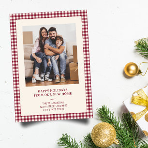 Cranberry Gingham Nieuw Adres Kerst Foto Feestdagenkaart