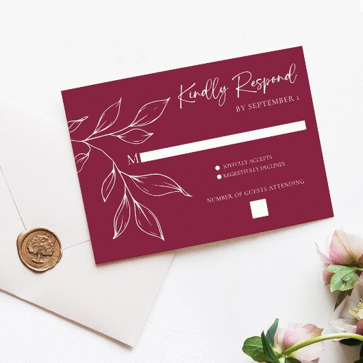 Cranberry Hand Drawn Foliage Wedding Response Card RSVP Kaartje