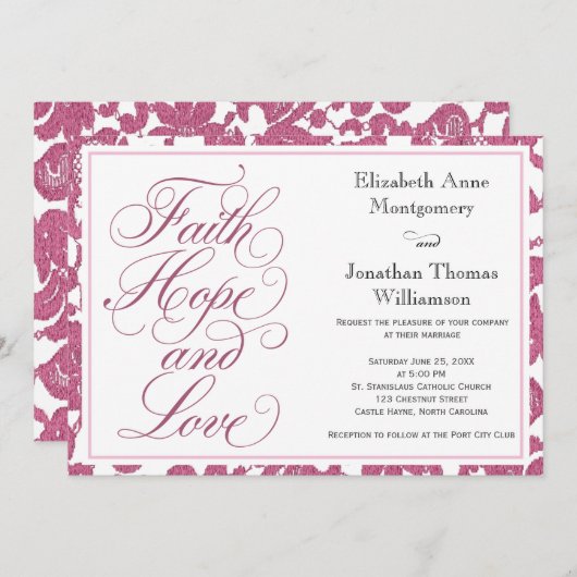 Cranberry Lace Script Faith Hope & Love Wedding Kaart (Voorkant / Achterkant)