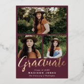 Cranberry Modern Script 4 foto's Afstudeerfeest Folie Uitnodiging (Voorkant)