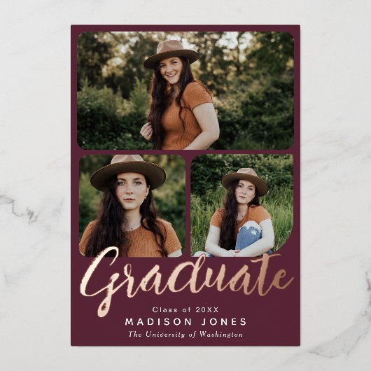 Cranberry Modern Script 4 foto's Afstudeerfeest Folie Uitnodiging (Voorkant)