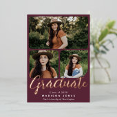 Cranberry Modern Script 4 foto's Afstudeerfeest Folie Uitnodiging (Staand Voorkant)