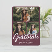 Cranberry Modern Script 4 foto's Afstudeerfeest Kaart (Staand voorkant)