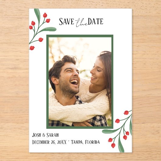 Cranberry Photo Holiday Save the Date Invitation  Acryl Uitnodigingen (Voorkant)