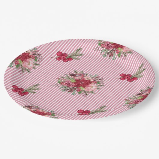 Cranberry Poinsettia Bird Stripe Papieren Bordje (Gekanteld)