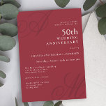 Cranberry Red Elegant Monogram 50e Jubileum Kaart<br><div class="desc">Deze moderne, zeer stijlvolle 50e bruiloft Jubileum-uitnodiging heeft een mooi kalligrafieschrift monogrammen van man en vrouw op wisselende hoeken. Een scherpe tekstlay-out geeft de details van uw evenement weer met een strakke klassieke look, verfijnde styling met grote monogram-initialen en ivoorbeige tekst over een rijke cranberryrode achtergrond. Vervang de voorbeeldtekst door...</div>