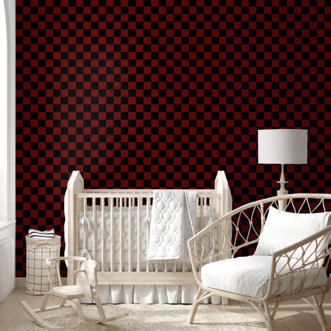 Cranberry Red en Black Checkerboard Patroon Behang (Kinderen)