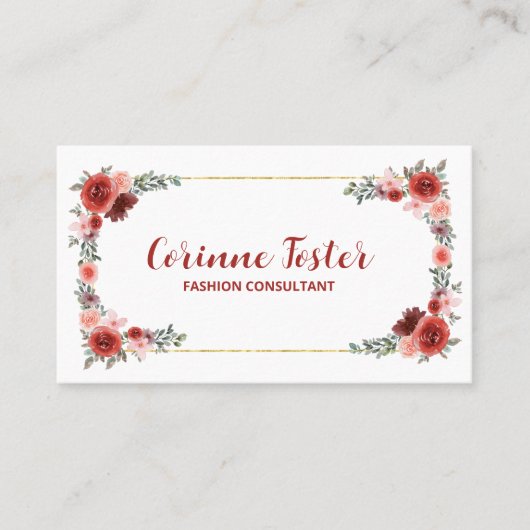 Cranberry Red en Blush Pink Floral Gold Foil Visitekaartje (Voorkant)