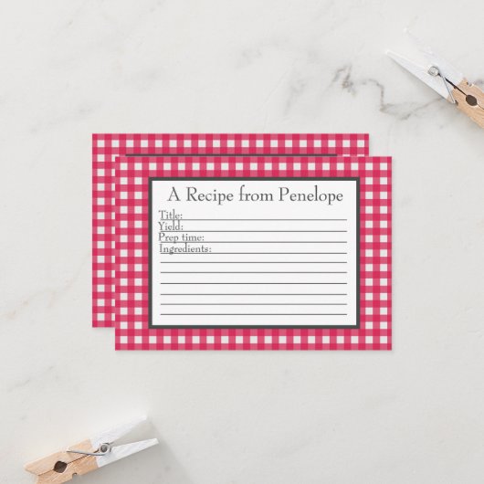 Cranberry Red Gingham Pattern Small Recipe Kaart (Voorkant / Achterkant in situ)