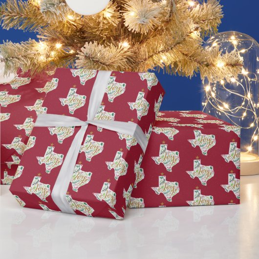 Cranberry Red Joy Holiday Leaves Texas Shape Cadeaupapier (Feestdagen)