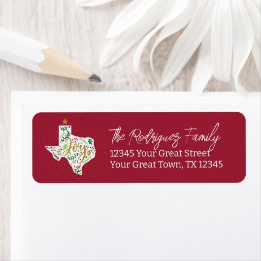 Cranberry Red Joy Holiday Leaves Texas Shape Etiket (Insitu)