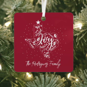 Cranberry Red Joy Holiday Leaves Texas Shape Metalen Ornament