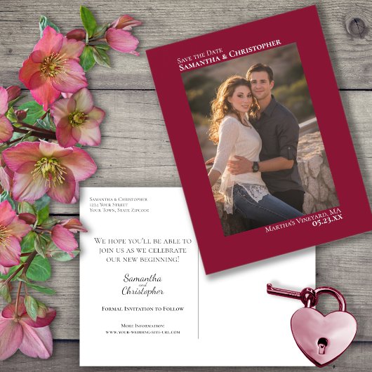Cranberry Red Minimal Photo Wedding Save the Date Aankondigingskaart