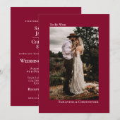 Cranberry Red Minimalist Vertical Photo Wedding Kaart (Voorkant / Achterkant)