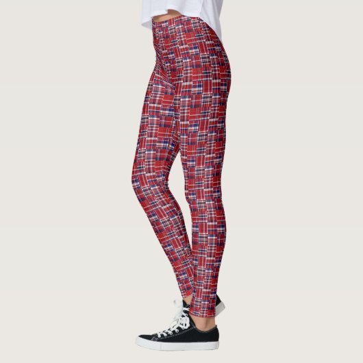 Cranberry Red Navy Blue Madras Patchwork Leggings (Links)