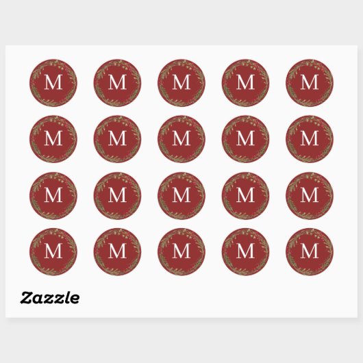 Cranberry Red Rustic Christmas Wreath Monogram Ronde Sticker (Vel)