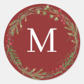 Cranberry Red Rustic Christmas Wreath Monogram Ronde Sticker (Voorkant)