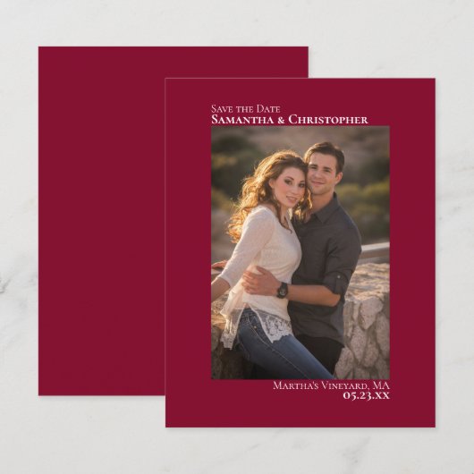 Cranberry Red Vertical Photo Minimalist Weddenscha Save The Date (Voorkant / Achterkant)