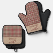 Cranberry Red, White and Tan  Ovenwant & Pannenlap Set (Voorkant / Achterkant)