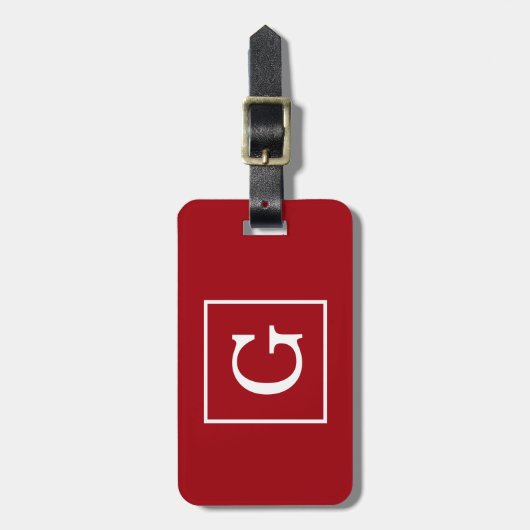 Cranberry Red White Framed Initiaal Monogram Bagagelabel (Voorkant verticaal)