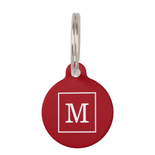 Cranberry Red White Framed Initiaal Monogram Huisdierpenning