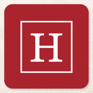 Cranberry Red White Framed Initiaal Monogram Kartonnen Onderzetters