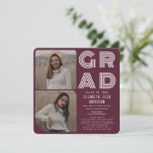 Cranberry Retro Foto Afstuderen Party Uitnodiging (Staand voorkant)