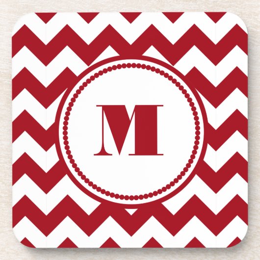 Cranberry rood en wit zigzag Chevron Monogram Bier Onderzetter (Voorkant)