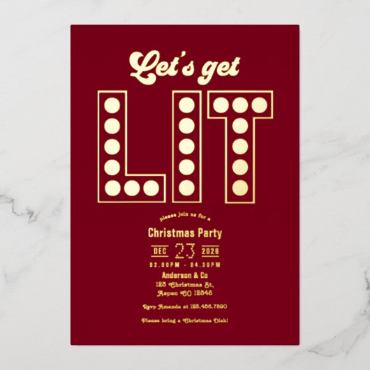 Cranberry Royale Get Lit Retro Christmas Party Folie Uitnodiging (Voorkant)
