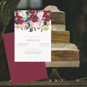 Cranberry & Roze Bloemige Trouwkaart Zonder Ouders Kaart