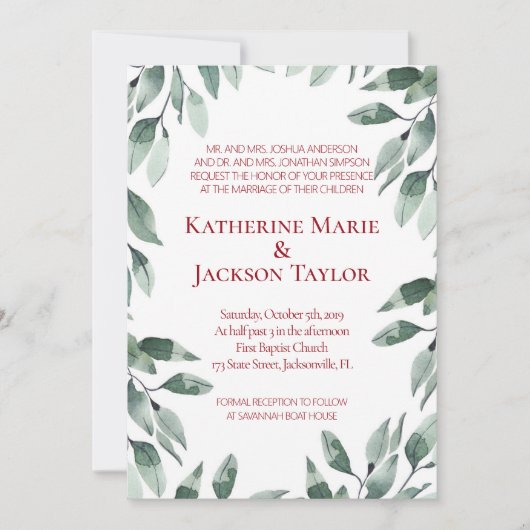 Cranberry & Sage Greenery Wedding Invitation Kaart (Voorkant)