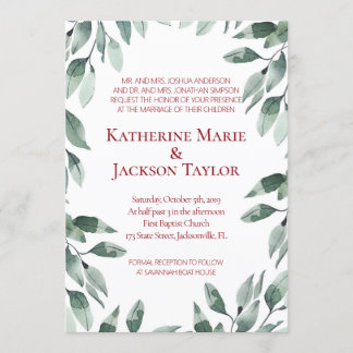 Cranberry & Sage Greenery Wedding Invitation Kaart